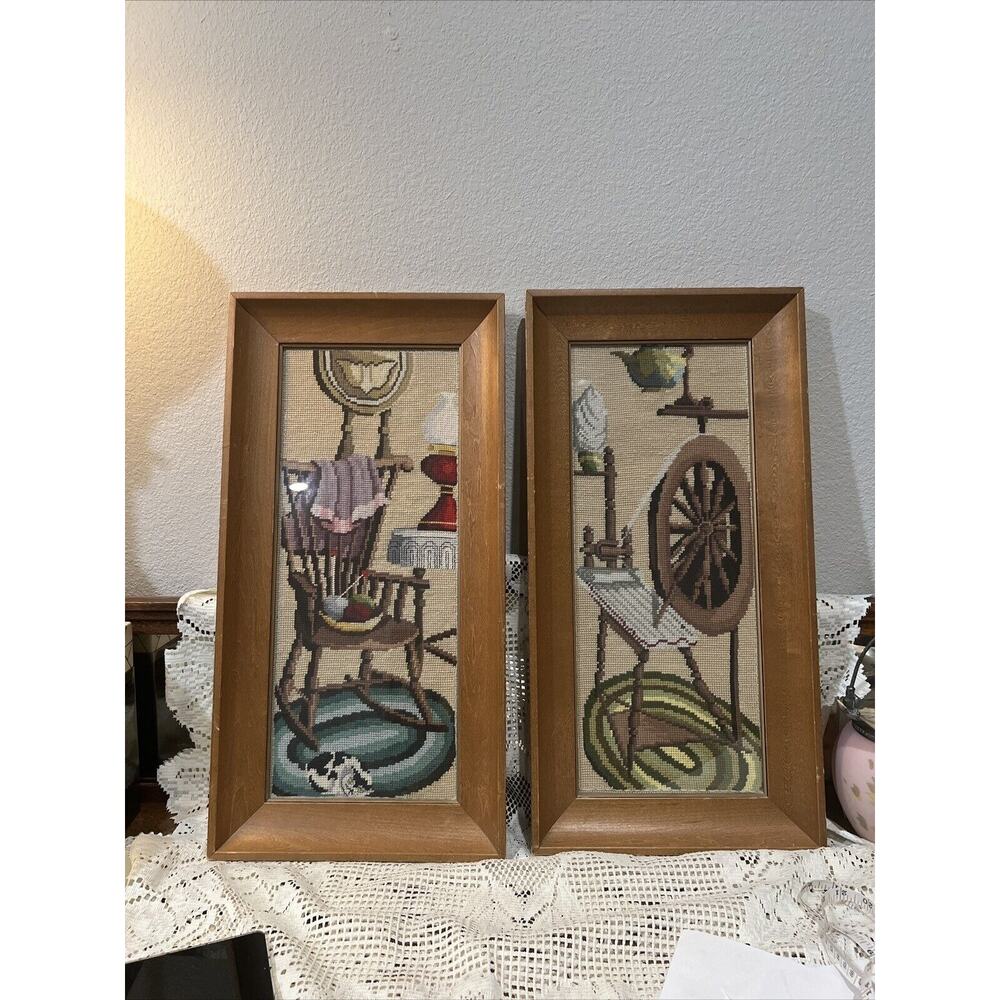 2 VTG Needlepoint Weaving Loom/Teapot - Rocking Chair /Cat/ Bowl Of Yarn Framed
